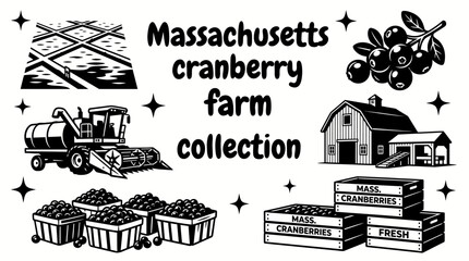 massachusetts cranberry farming elements featuring flooded cranberry bogs harvesting equipment berry baskets packing crates farm buildings and fresh fruit production arranged as a premium © samira