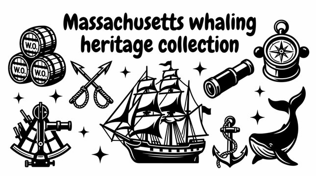 massachusetts maritime heritage featuring historic whaling ships harpoons whale oil barrels captain tools navigation instruments and classic seaport equipment arranged as a premium commercial vector