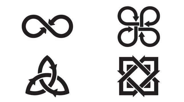 Celtic knot icons, infinity symbols, black vector graphics, knotwork designs, abstract shapes