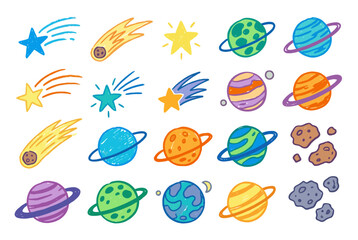 Hand-drawn space illustration with stars, planets and comets © senju