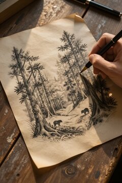 Rustic Blackwork Forest Tattoo Sketch on Aged Parchment Paper