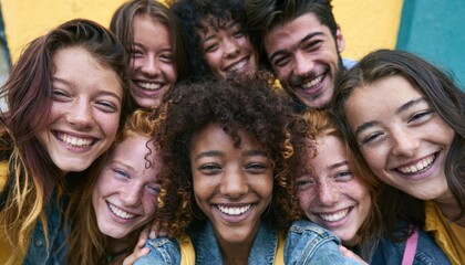 Obraz premium Group of eight diverse young adults smiling together for a selfie
