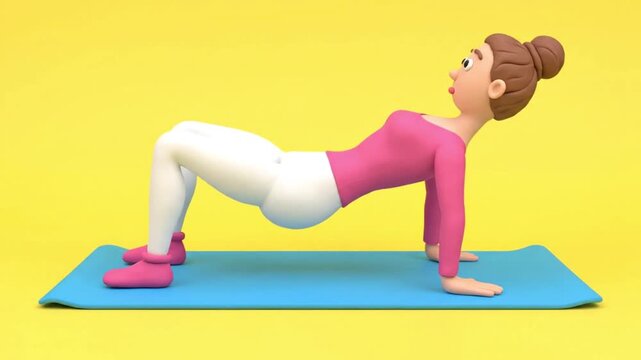 3D Animation of Woman Performing Glute Bridge Exercise on Yoga Mat.