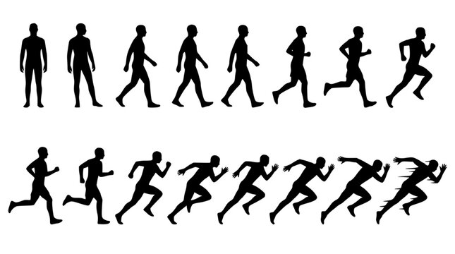 Black silhouettes of a man running and walking in various positions