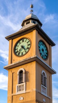 Historic clock tower facade with blue sky background