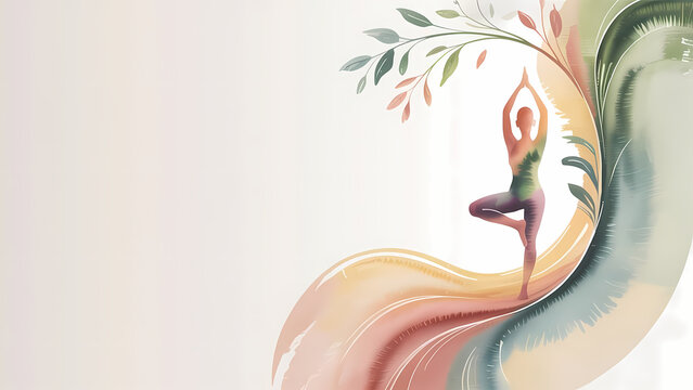 Watercolor illustration of a woman in yoga tree pose practicing balance, light beige background with copy space, organic earth tones and abstract waves, wellness website hero image banner