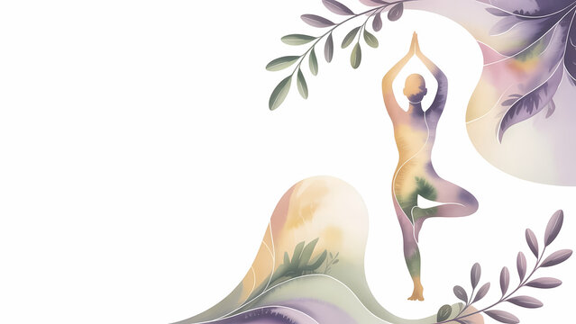 Watercolour illustration of a woman in yoga tree pose practising balance, white background with copy space, pastel violet and green tones, wellness and mental health website hero image banner