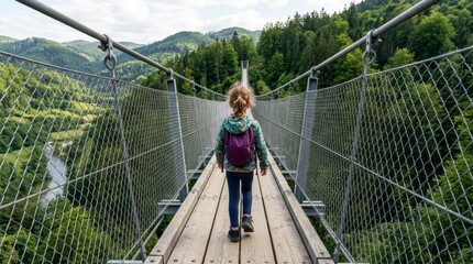 Fototapeta premium A young child walking alone across a high suspension bridge in a scenic forest.