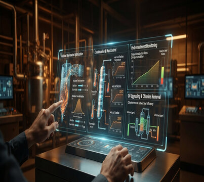 Hands manipulate holographic AI pyrolysis fluidized bed reactor interface
