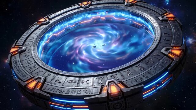 Futuristic sci-fi gate portal in deep space with spaceships flying through a cosmic vortex.