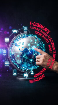 Digital globe showcasing e-commerce process, with icons for payment, order, mobile, and delivery, symbolizing global connectivity and online commerce.
