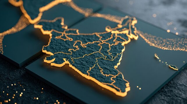3D golden wireframe India map on dark tiles.