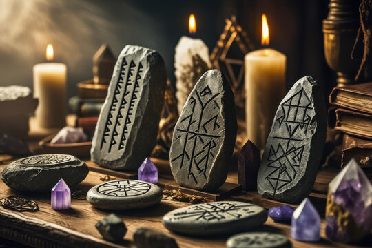 Trend for occult fortune telling and witchcraft ancient pagan Scandinavian runic stone AI Generative
