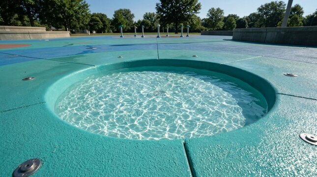 Circular wading pool with turquoise flooring in a sunny public park.