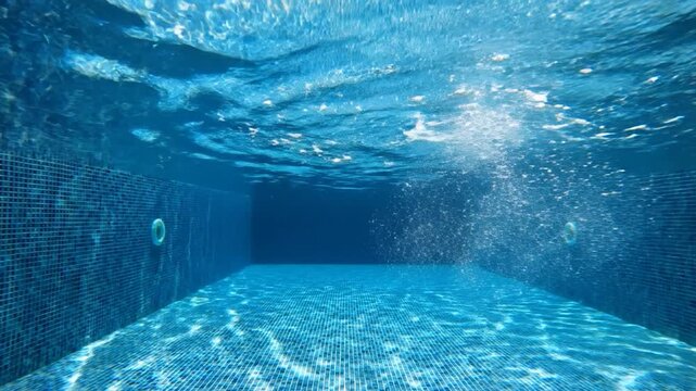 Clear blue water in an empty swimming pool, seen from underwater