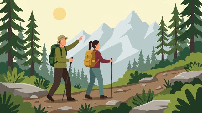 Hikers with backpacks exploring a scenic mountain trail, flat illustration