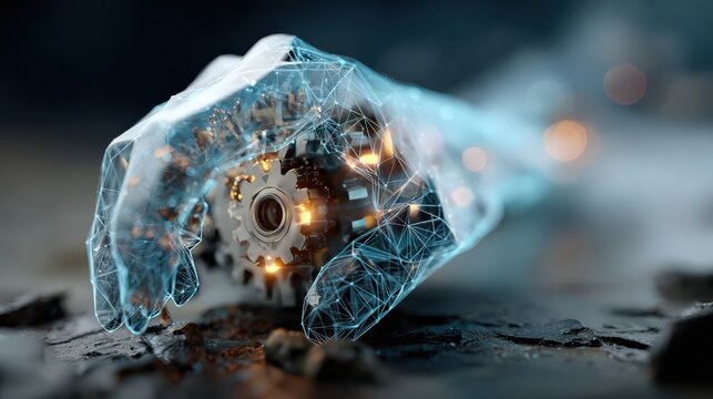 A glowing robotic hand, intricately designed with a network of digital lines and holding a mechanical gear. ..Created with Generative AI, not depicting real subjects.