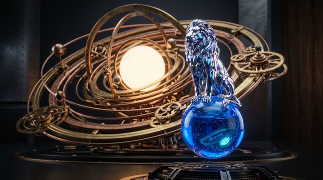 Majestic metallic lion sculpture sitting on glowing celestial sphere surrounded by complex mechanical orrery gears