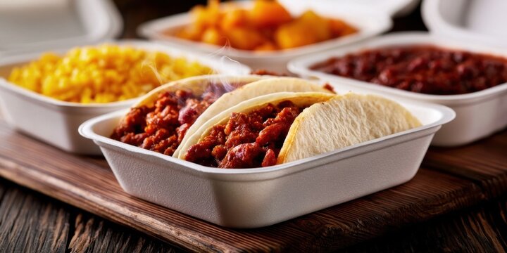 Two filled tacos in a styrofoam takeout container with corn and beans in the
