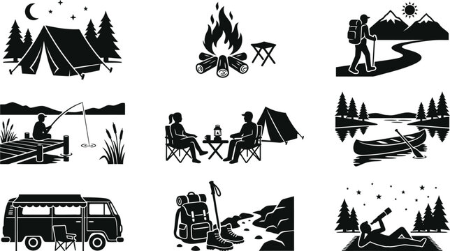 Camping and hiking black silhouette icons set featuring tents campfires tourist backpackers camper vans lake fishing canoeing and stargazing vector illustrations.