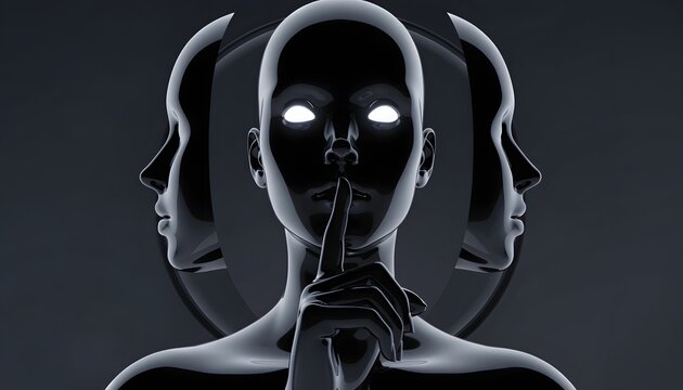 Glossy black android robot with glowing eyes. AI secrecy and data privacy. Triple profile humanoid figure making hush finger on lips gesture for silence protection