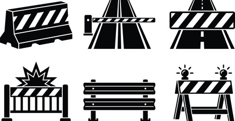 Road barrier construction safety traffic control and street block hazard warning black solid glyph icon set © Shukimon