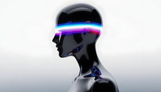 Cyberpunk black android profile with neon data stream. Virtual reality and futuristic interface integration. Sleek black metallic humanoid head wearing a glowing neon light visor