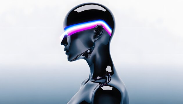 Futuristic dark android with vibrant neon visor interface. Augmented reality simulation and cyber networks. Glossy black humanoid profile side view showing a colorful glowing light strip