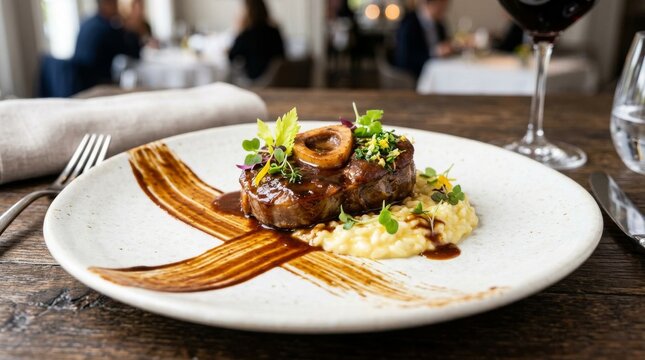 Gourmet Osso Buco with Risotto on Fine Dining Plate.