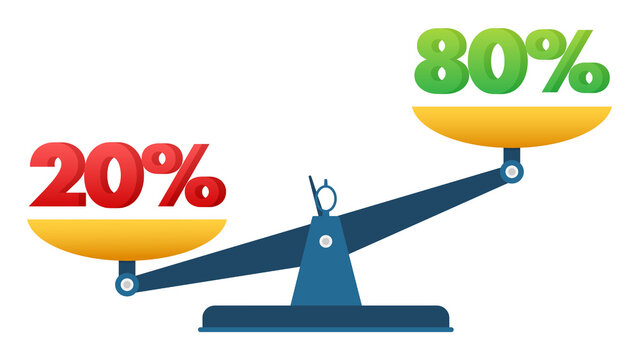 Seesaw scale balancing twenty percent in red against eighty percent in green representing the Pareto principle