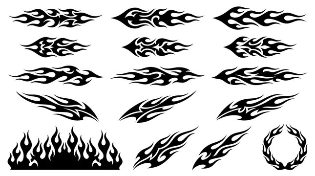 Black tribal flame icons set collection of hot rod fire and burning flames on white