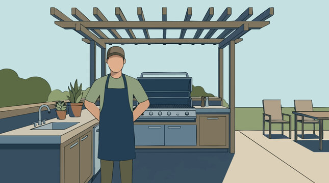 Illustrated man in apron standing in outdoor kitchen with grill and pergola