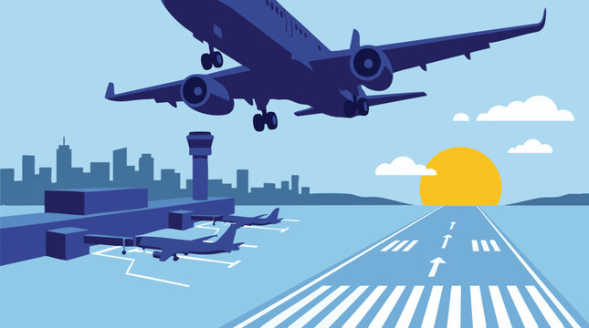 Airplane taking off from airport with city skyline and sunset illustration