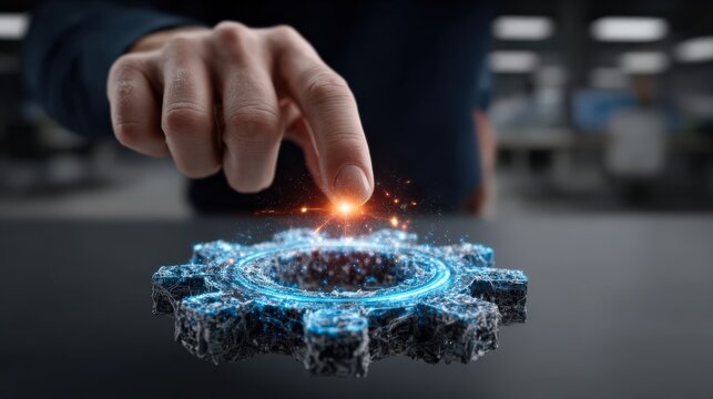 A human finger touches a futuristic, glowing gear, activating a digital interface with sparks and light. ..Created with Generative AI, not depicting real subjects.