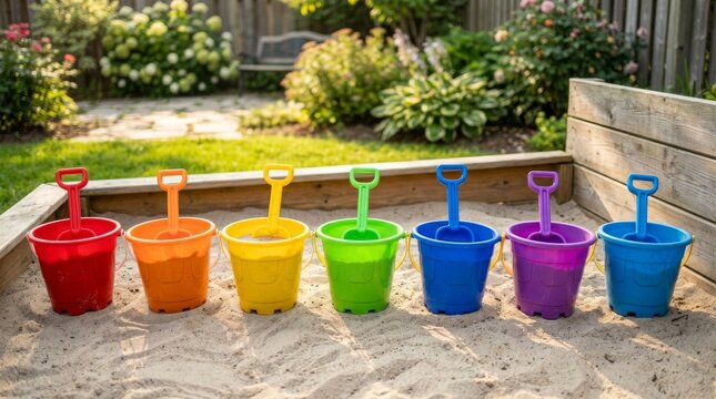 Rainbow colored sand buckets in a sandbox in a backyard.
