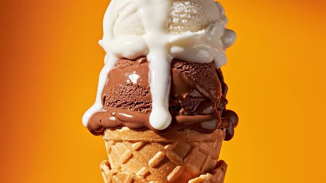 Sweet vanilla and chocolate ice cream melting on a waffle cone
