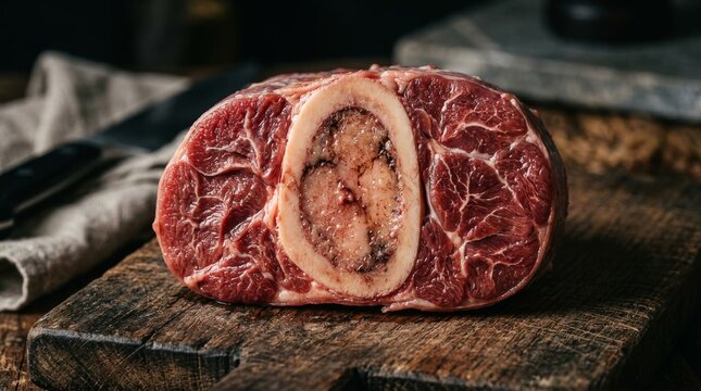 Raw osso buco veal shank with bone marrow on a rustic wooden cutting board.