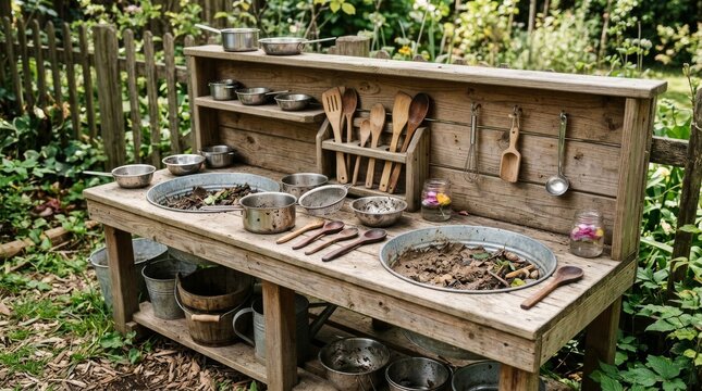 Rustic Outdoor Wooden Mud Kitchen for Kids Play.