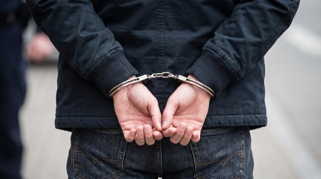 A person in a dark jacket and jeans is seen from behind, with their hands handcuffed together behind their back, suggesting an arrest or detention.