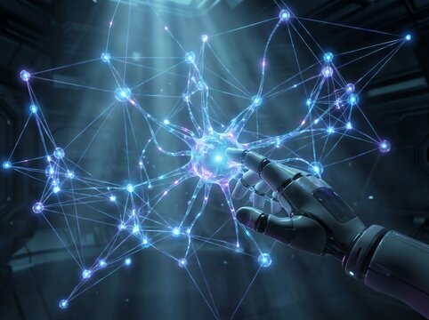 Robotic hand touching neural network, artificial intelligence concept with glowing blue brain cells, futuristic cyborg arm interacting with digital data