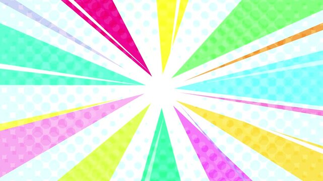 カラフルでポップでキュートな動く集中線サンバースト。白背景のシームレスループ動画素材