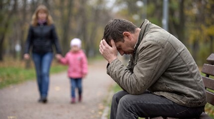 Fototapeta premium A man sits on a park bench with his head in his hands, looking distressed, as a woman and child walk away in the background.