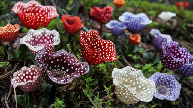 Colorful pitcher plants in a forest