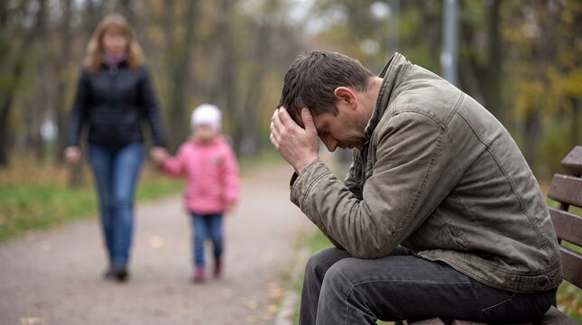 A man sits on a park bench with his head in his hands, looking distressed, as a woman and child walk away in the background.