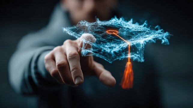 A hand reaching out to a glowing, futuristic graduation cap symbolizes the pursuit of knowledge and digital education. ..Created with Generative AI, not depicting real subjects.