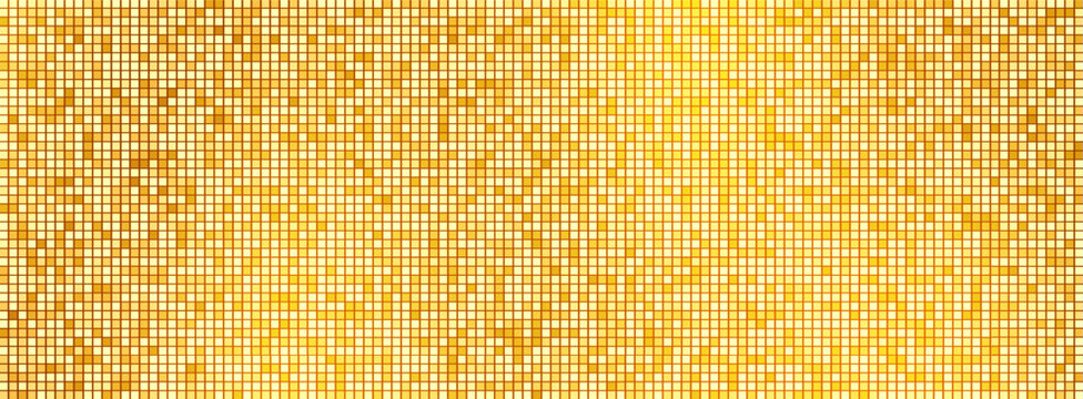Golden mosaic background of small, shimmering square tiles reminiscent of a disco ball or a sparkling dance floor