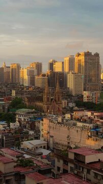 Sacred Heart Cathedral Guangzhou Aerial High Angle View City Skyline Handheld Slow Pan