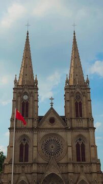 Sacred Heart Cathedral Guangzhou Gothic Facade Handheld Slow Tilt Up Front View