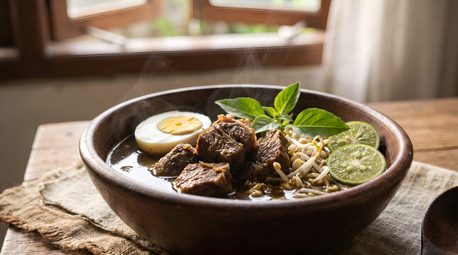 Close-up of authentic Indonesian rawon with rich keluak broth and tender beef, ideal for restaurant advertising, culinary magazines, and recipe websites.