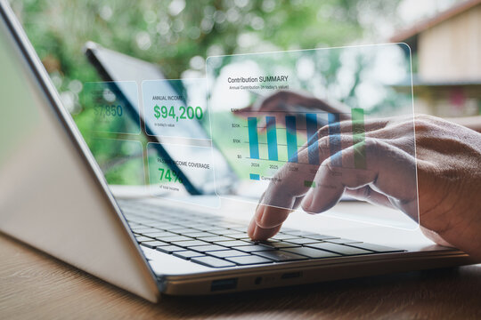 Financial advisor analyzing retirement income strategy dashboard with pension benefits, passive income streams, investment withdrawals, sustainable income planning for long term retirement stability